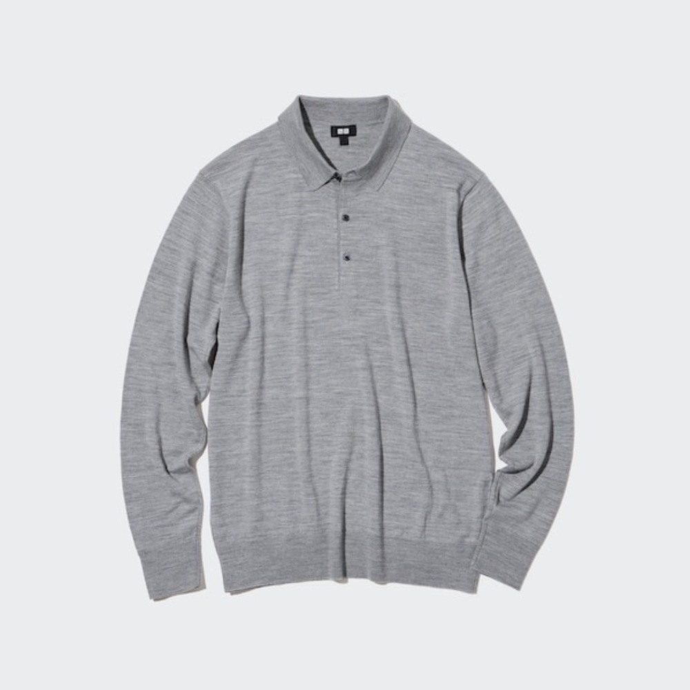 Grey: Extra Fine Merino Knitted Long-Sleeve Polo Shirt-men’s size large